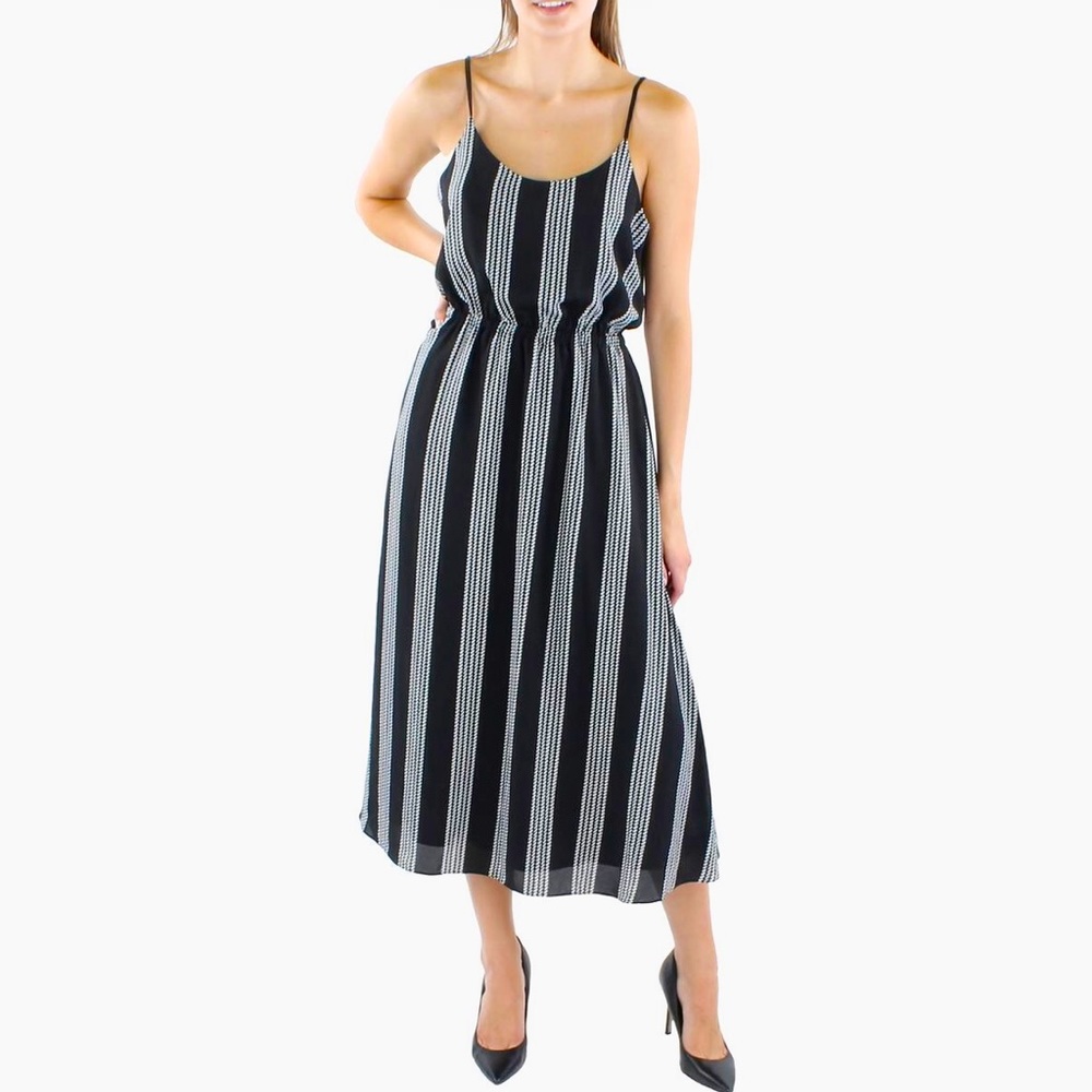 ANNE KLEIN Black Ruched Striped Spaghetti Strap Midi Fit + Flare Dress L, NWT